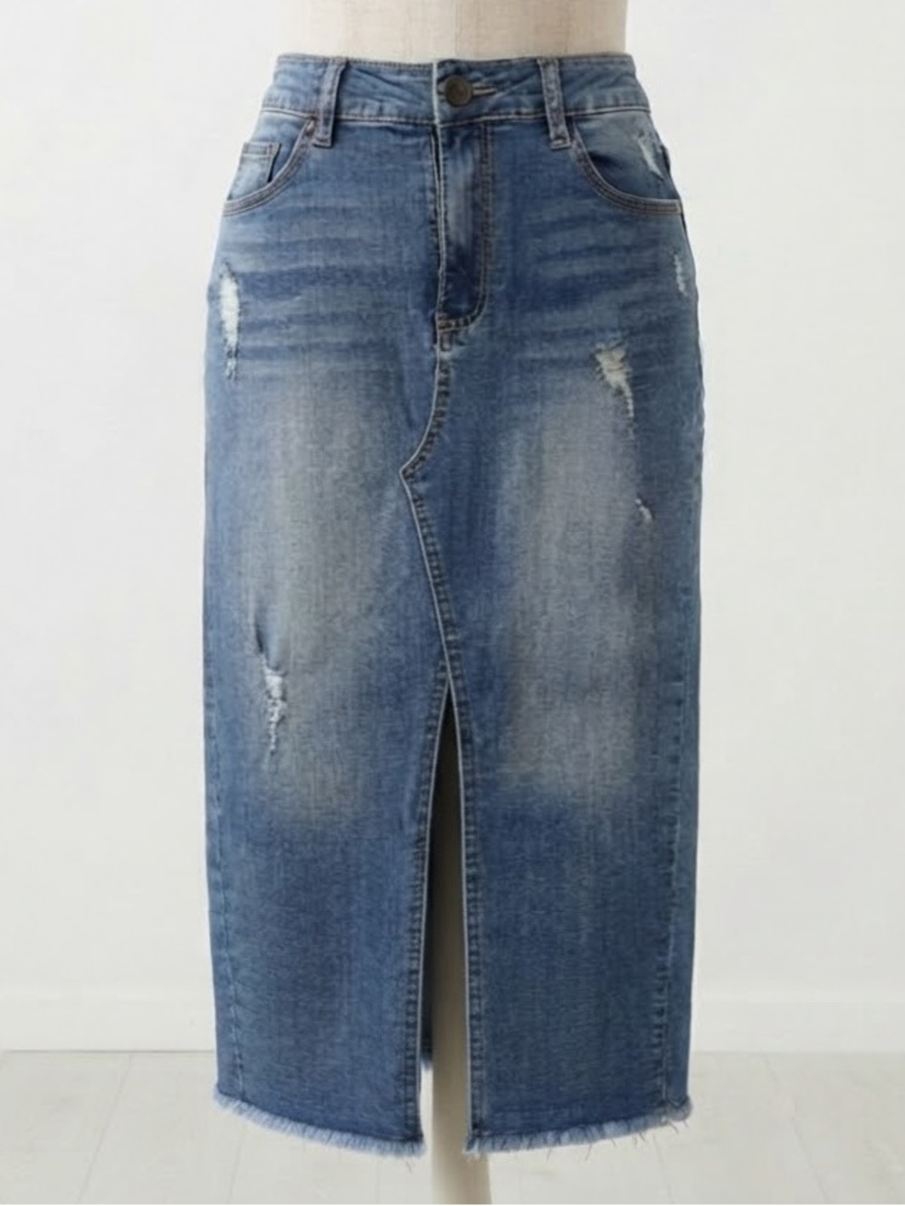 Suzanne Betro| Distressed Blue Jean Raw Hem Midi Denim Skirt w/Front Slit Sz 6
